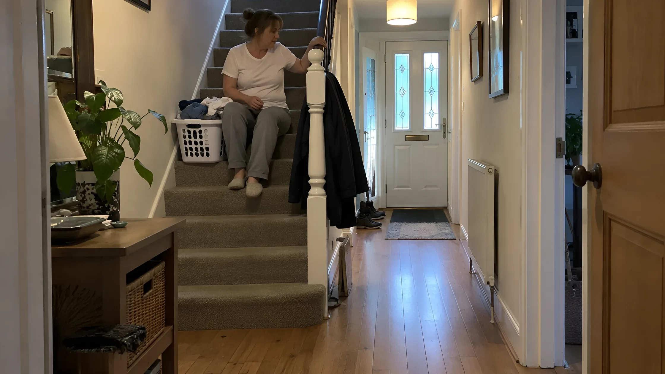 A woman pausing on her stairs with a laundry basket on the step beside her