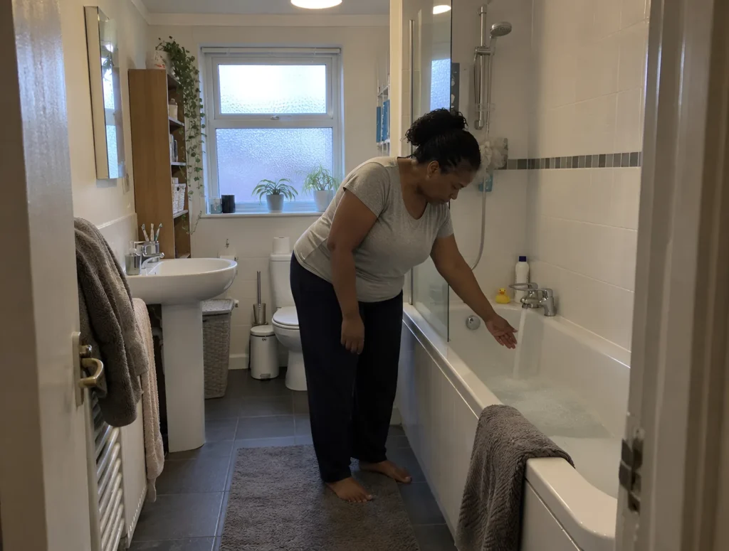 A woman running a bath in an ordinary family bathroom