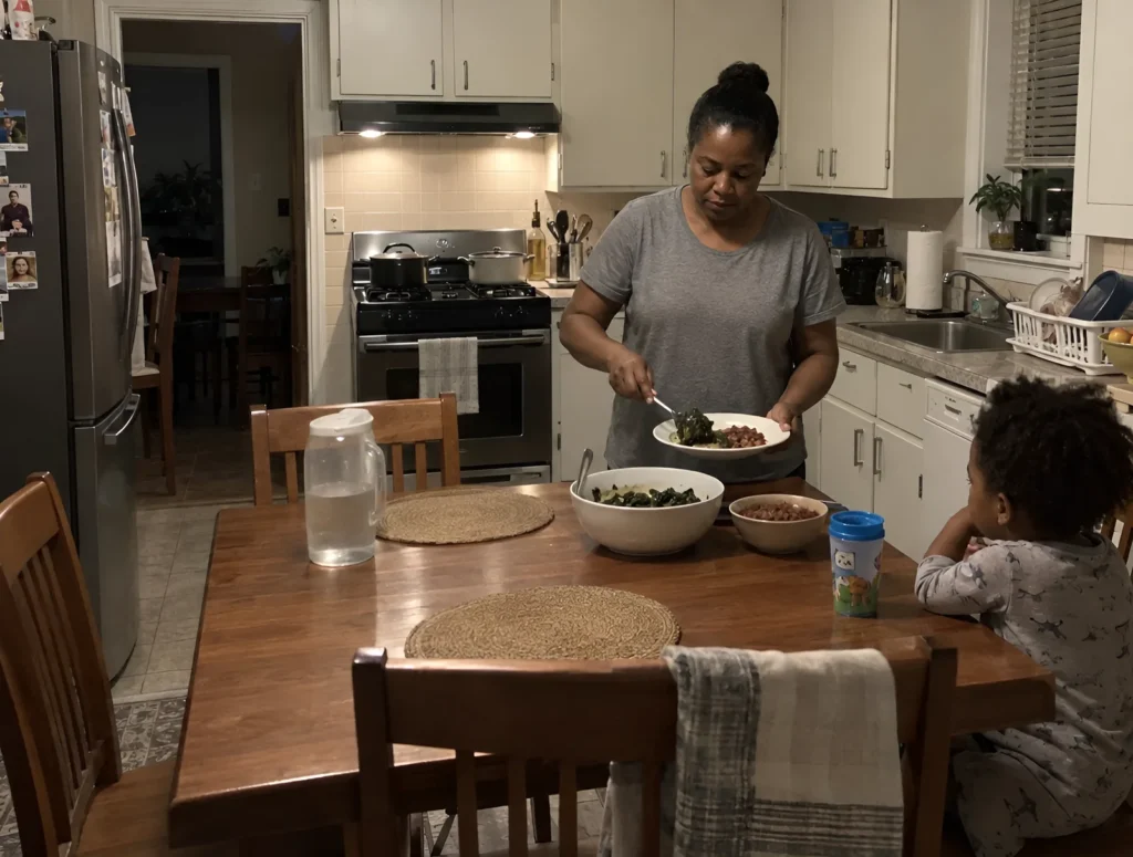 A woman serving a plate of vegetables at her kitchen table