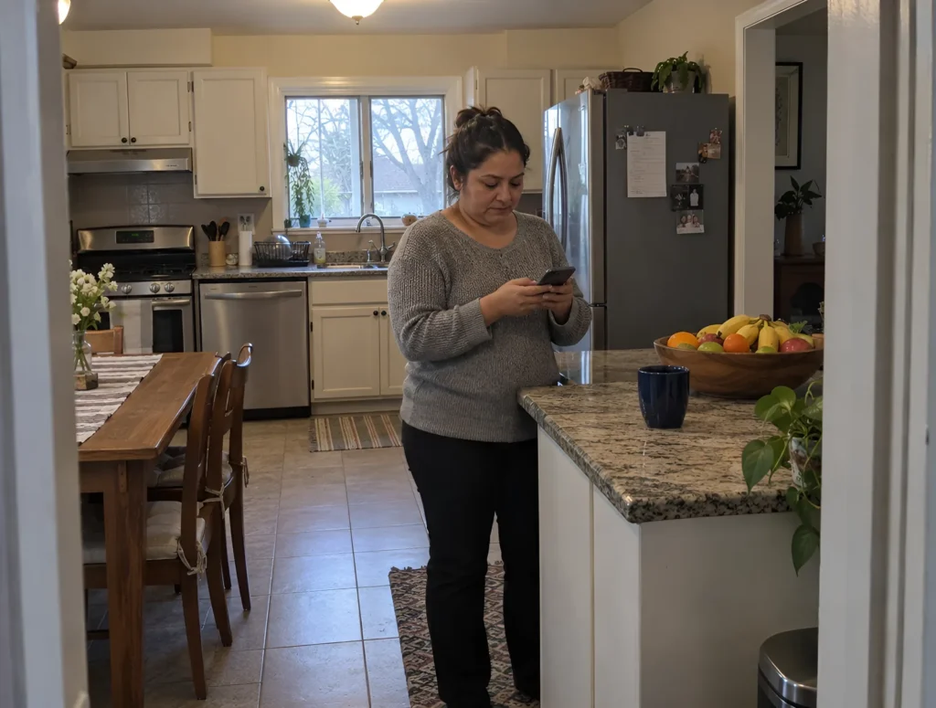 A woman standing in her kitchen setting a reminder on her phone