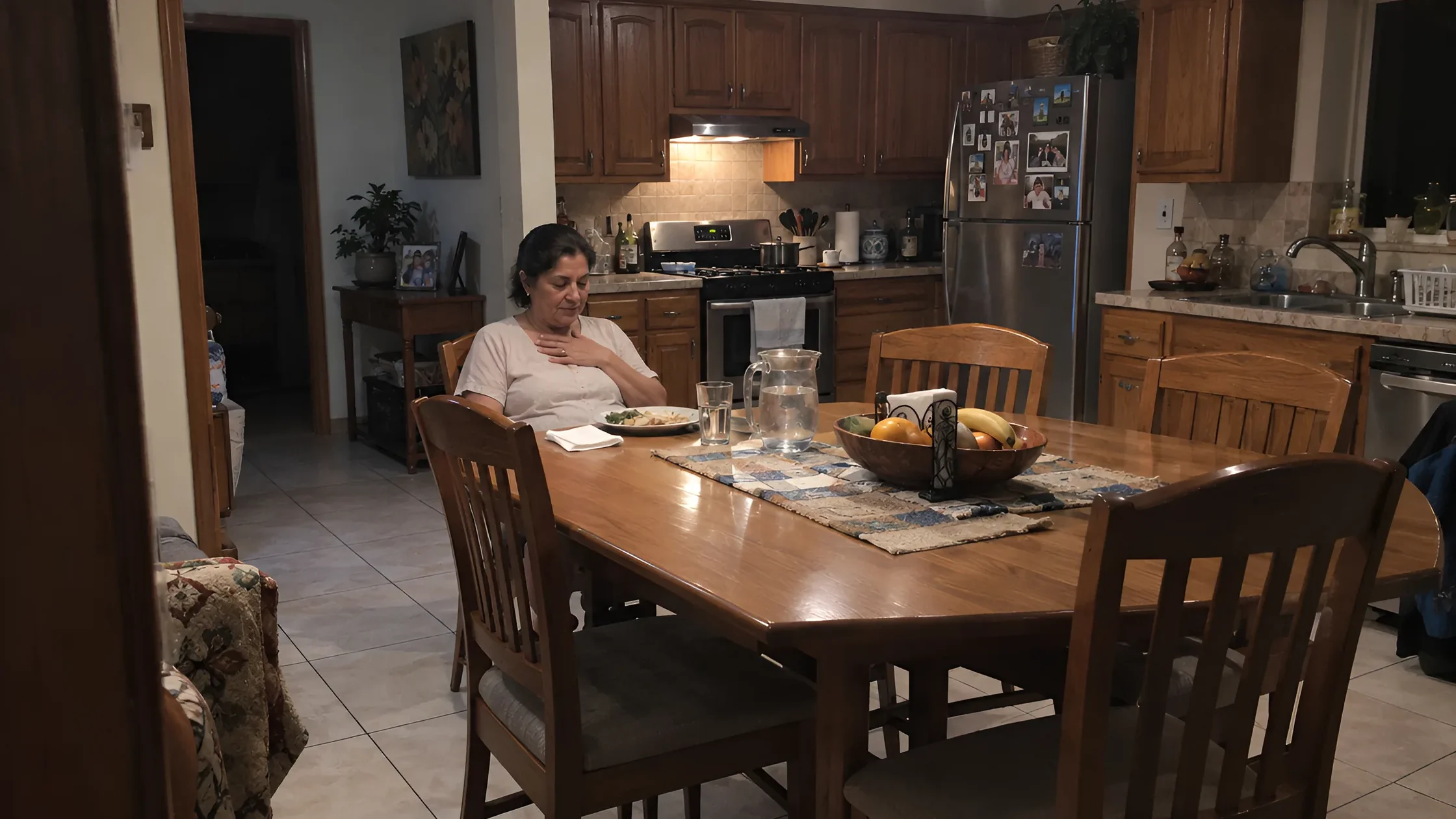 A woman sitting back from her kitchen table after a meal, one hand on her chest