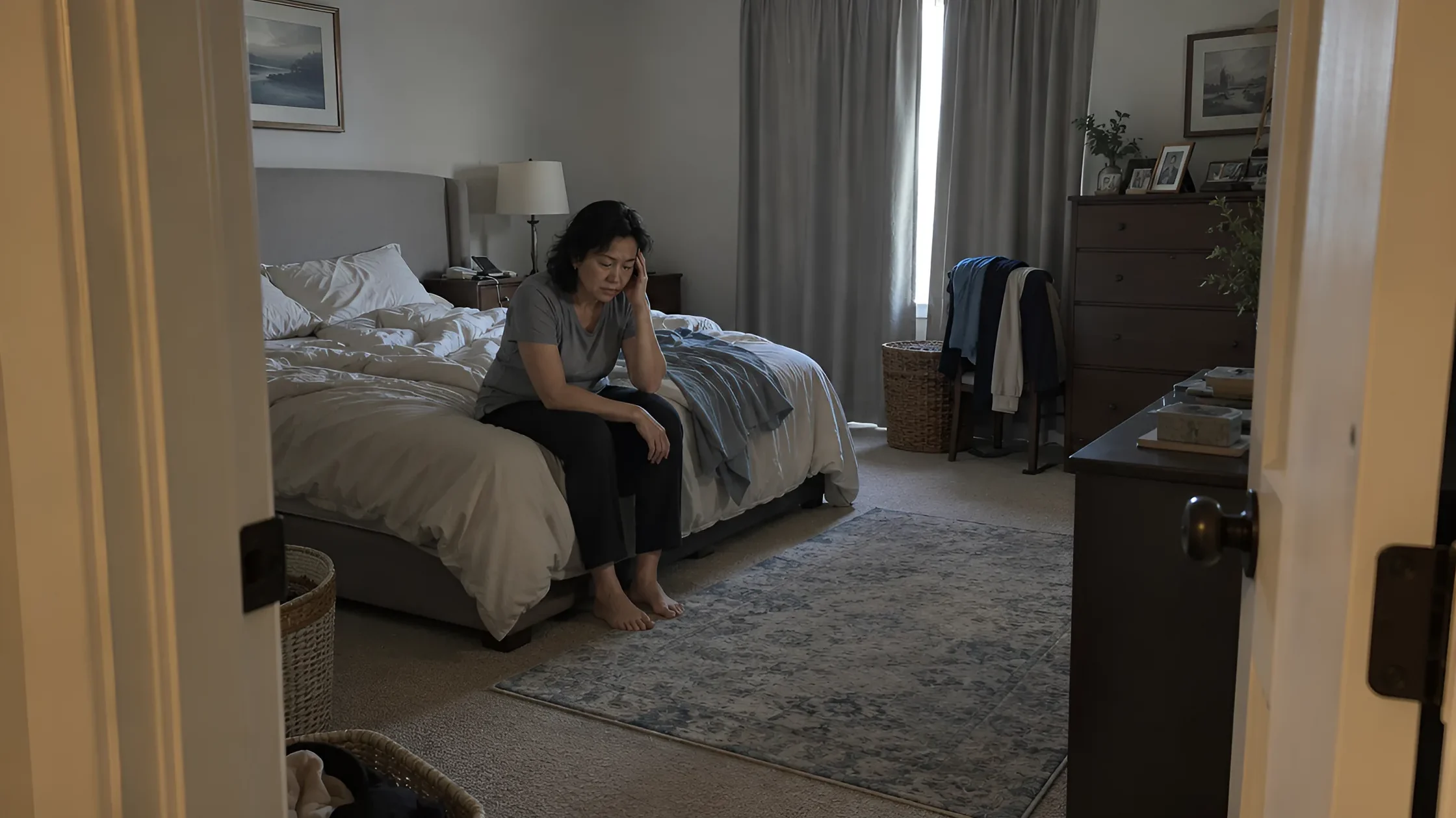 A woman sitting on the edge of her bed in the morning with her head in her hand