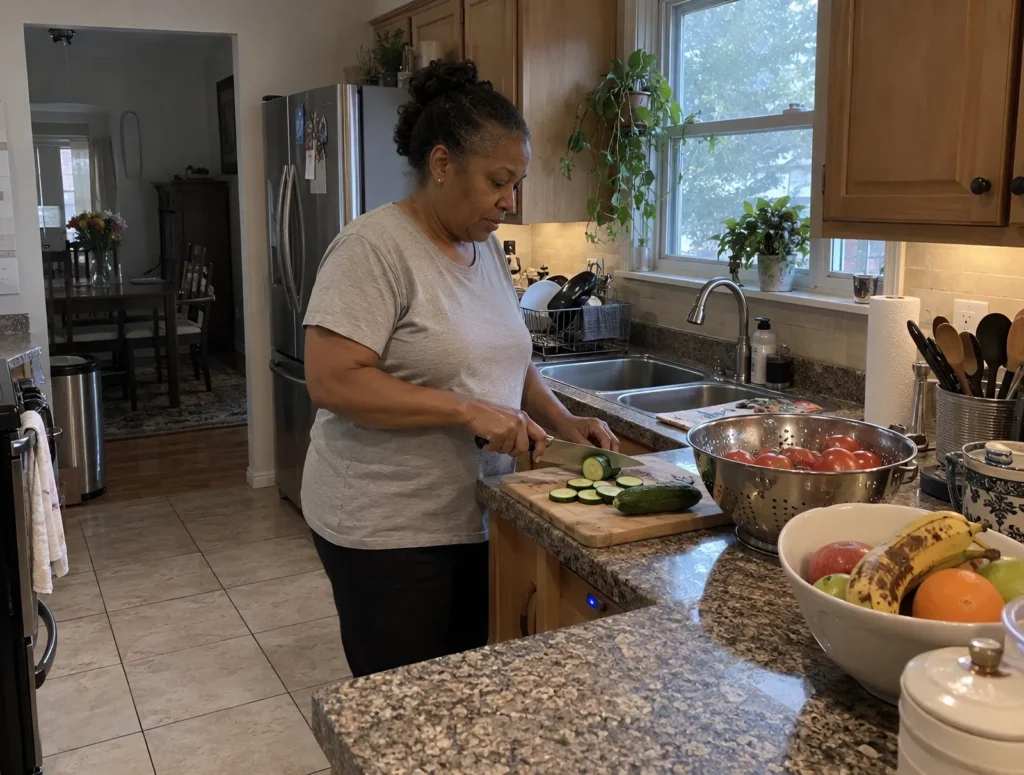 A woman slicing cucumber at her kitchen counter in the afternoon