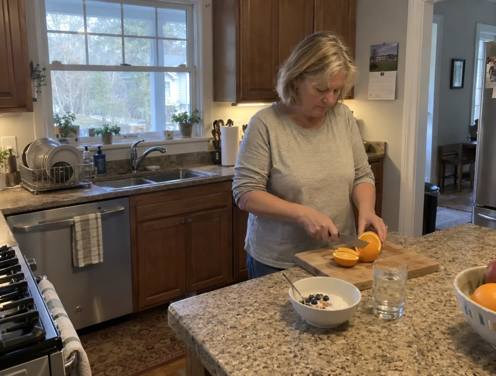 A woman slicing fruit for breakfast at her kitchen counter