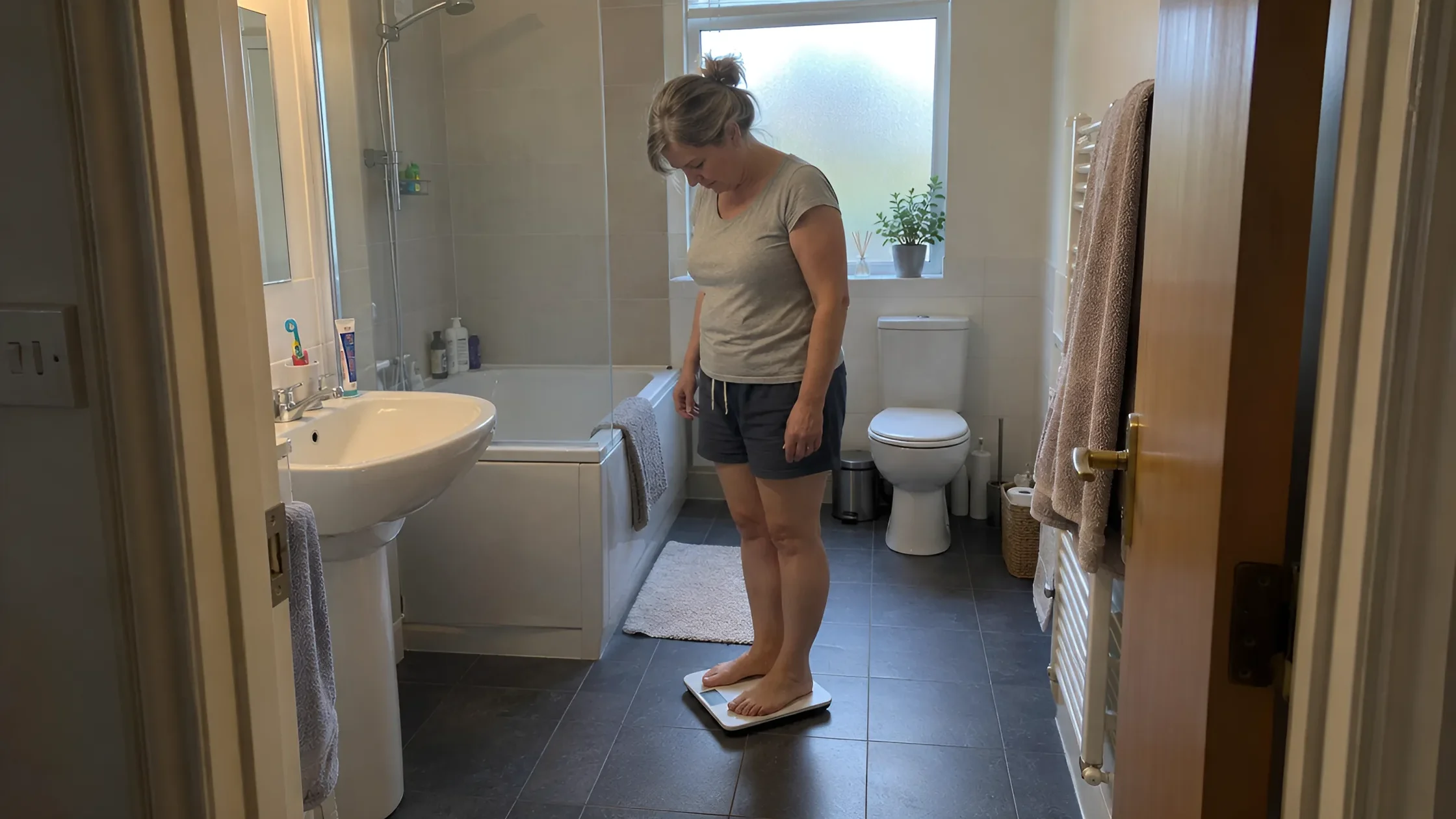 A woman stepping onto bathroom scales in the morning, seen from the doorway