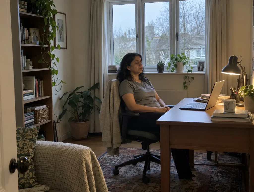 A woman sitting back from her desk with her eyes closed for a moment