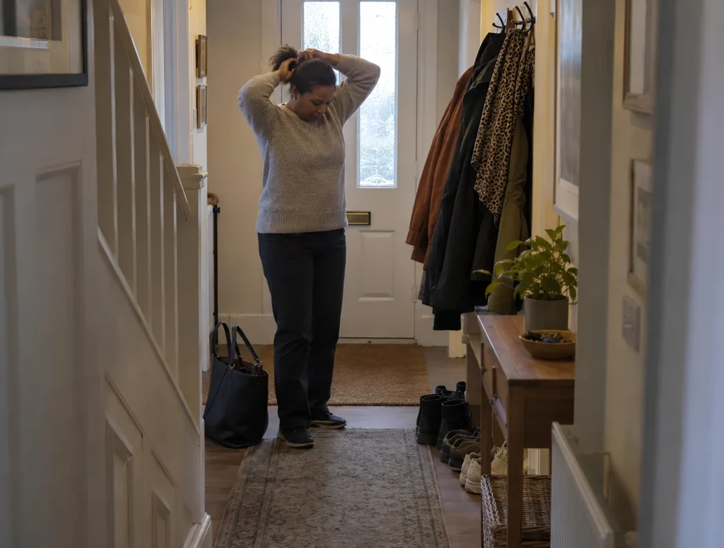 A woman tying her hair back in her hallway before she heads out