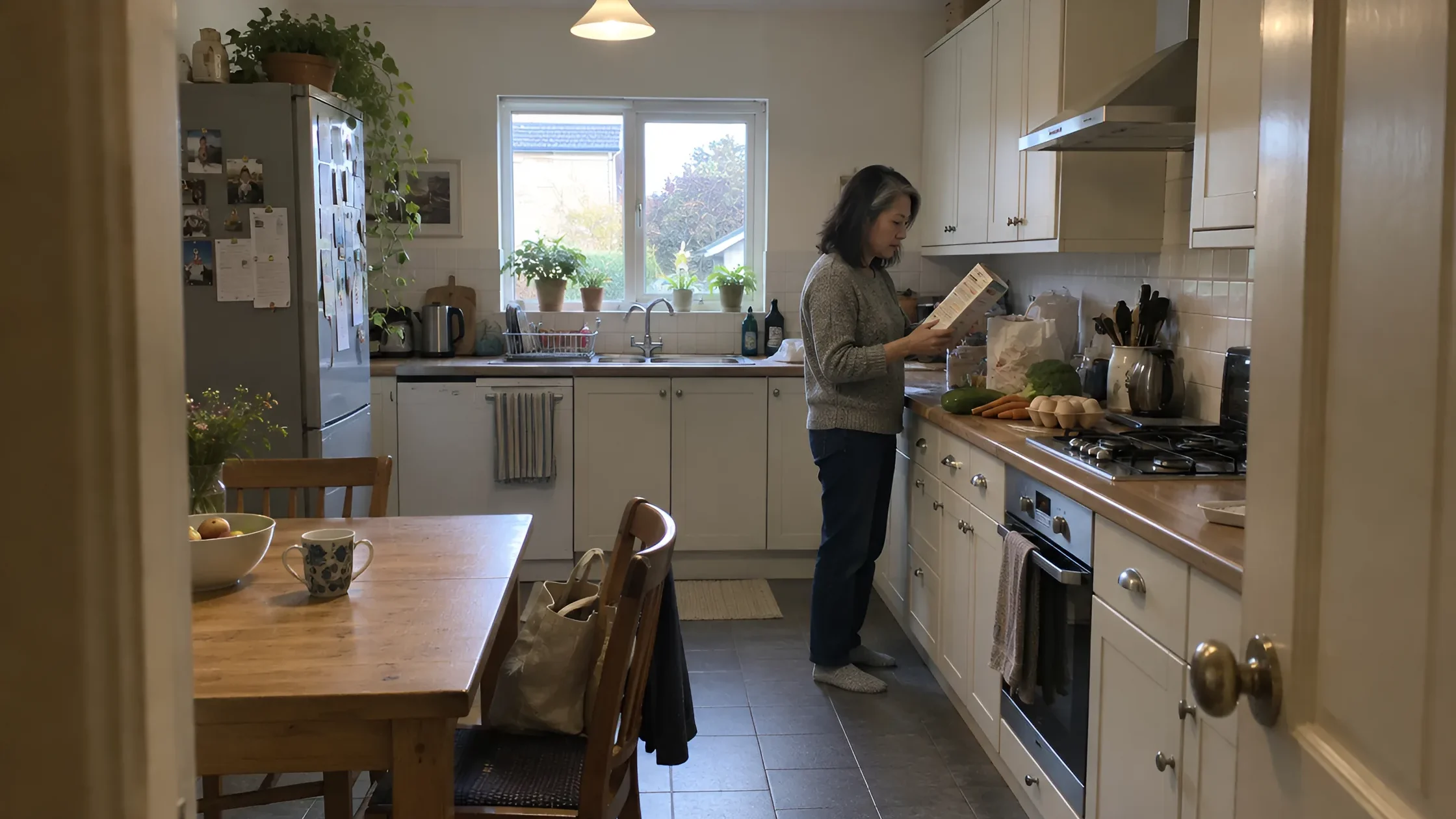 A woman unpacking groceries in her kitchen and reading the side of a cereal box