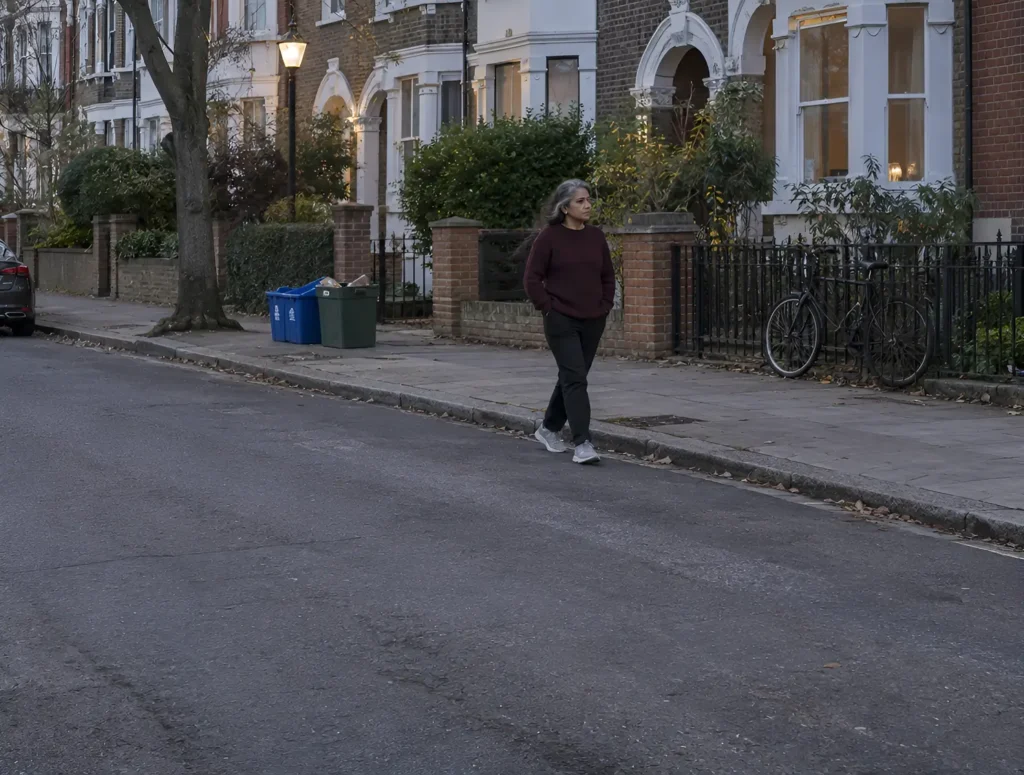A woman walking on her street after dinner on a mild evening