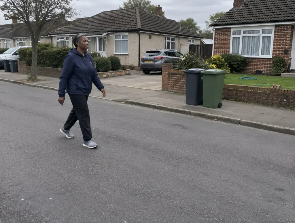 A woman walking around her block after lunch on an overcast day