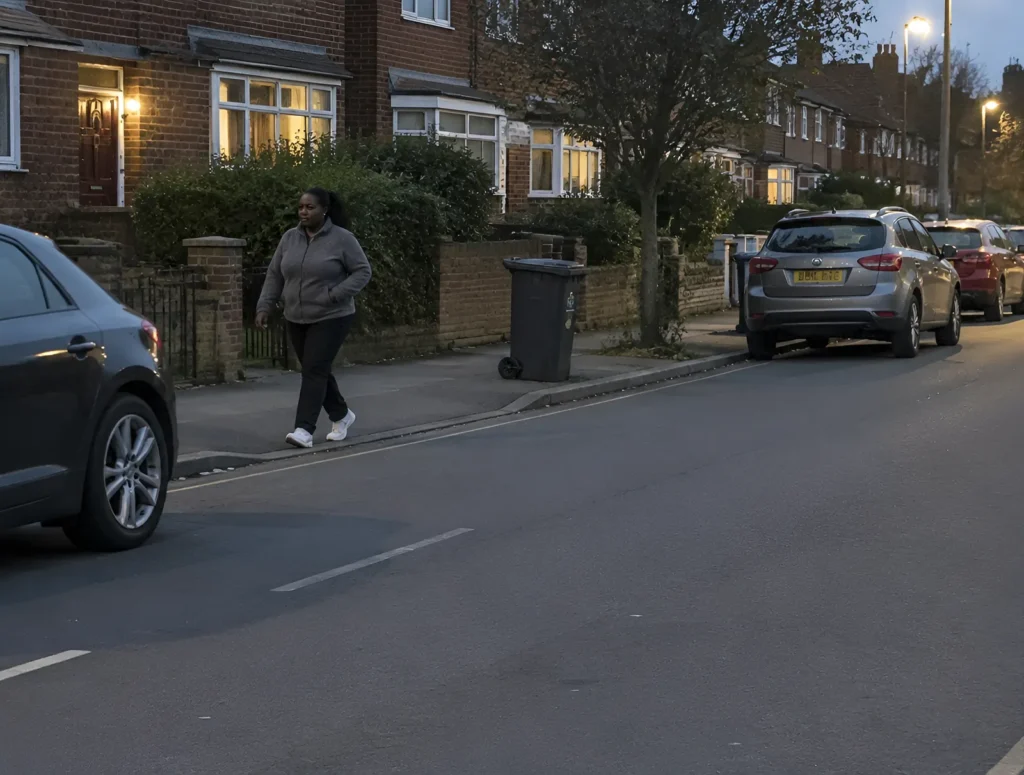 A woman walking slowly along her own street after dinner