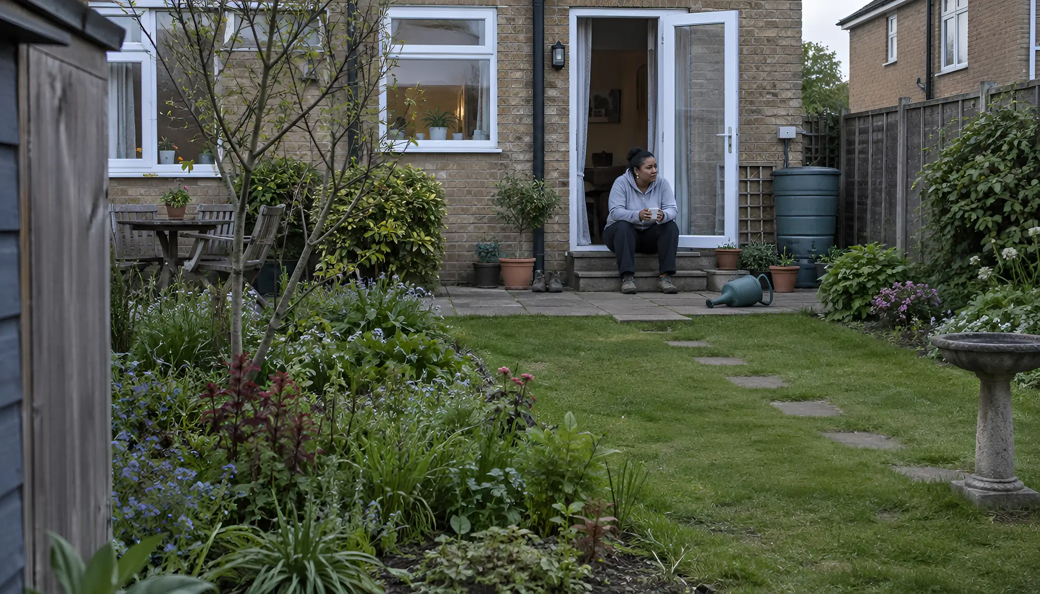 A woman sitting on her back step with a mug of tea in the early evening