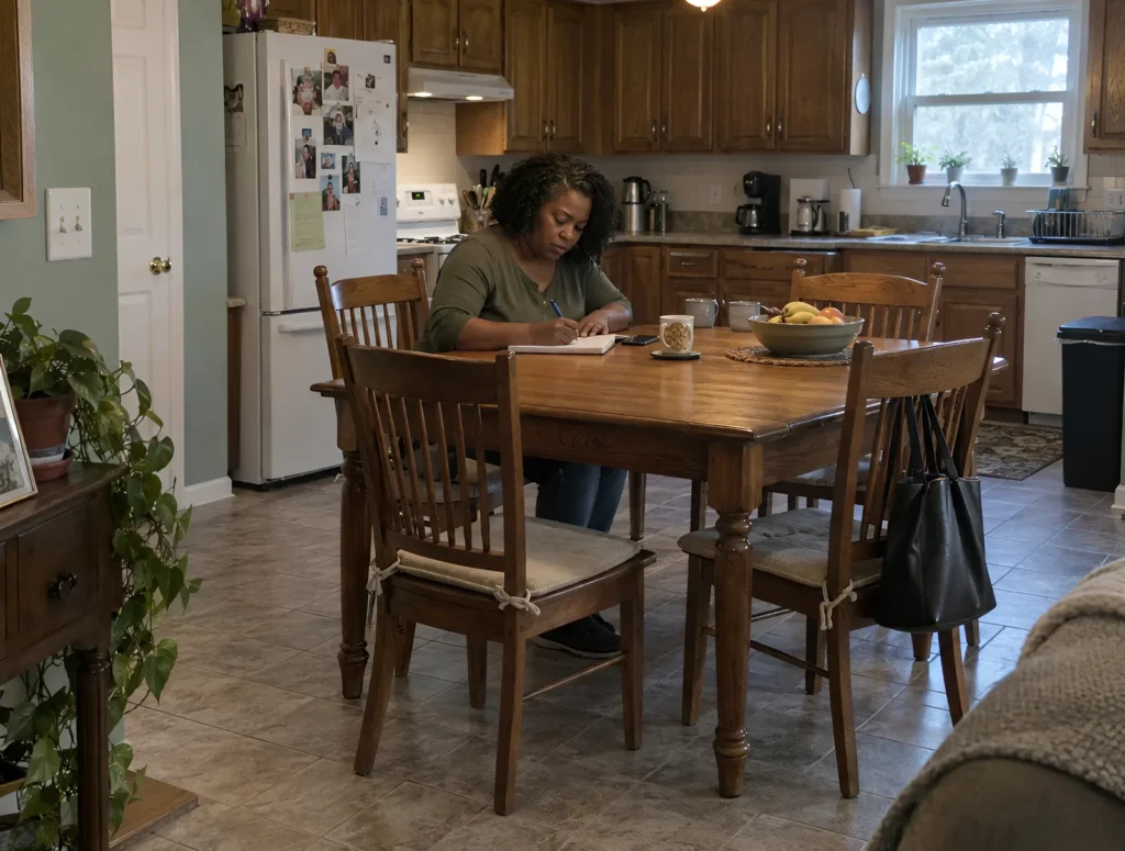 A woman writing a list of questions at her kitchen table before a doctor's visit