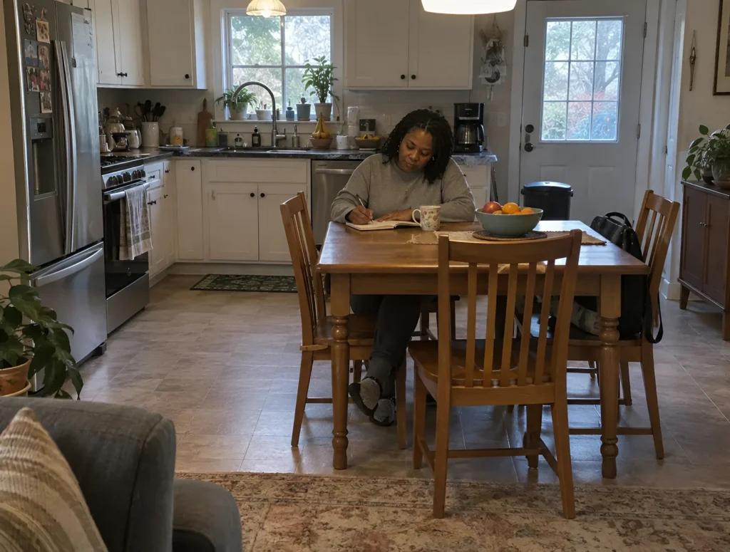 A woman writing in a small notebook at her kitchen table in the morning