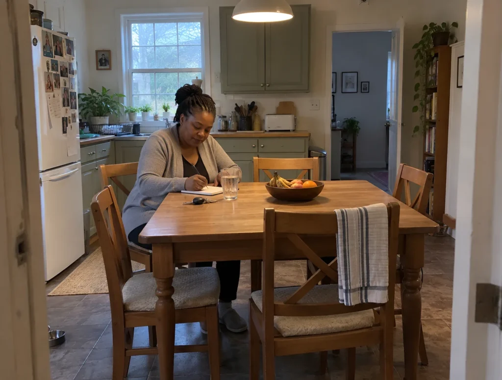 A woman writing in a notebook at her kitchen table, a glass of water beside her