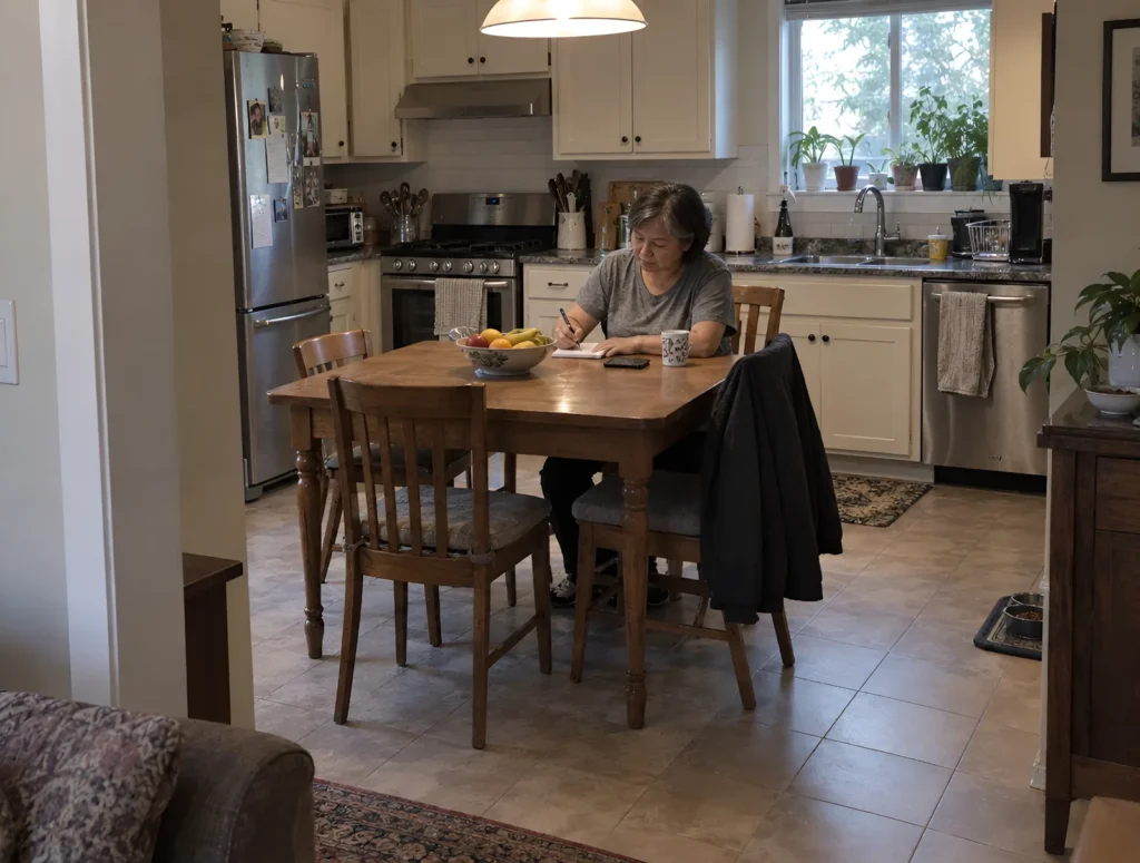 A woman writing a list of questions for her doctor at the kitchen table